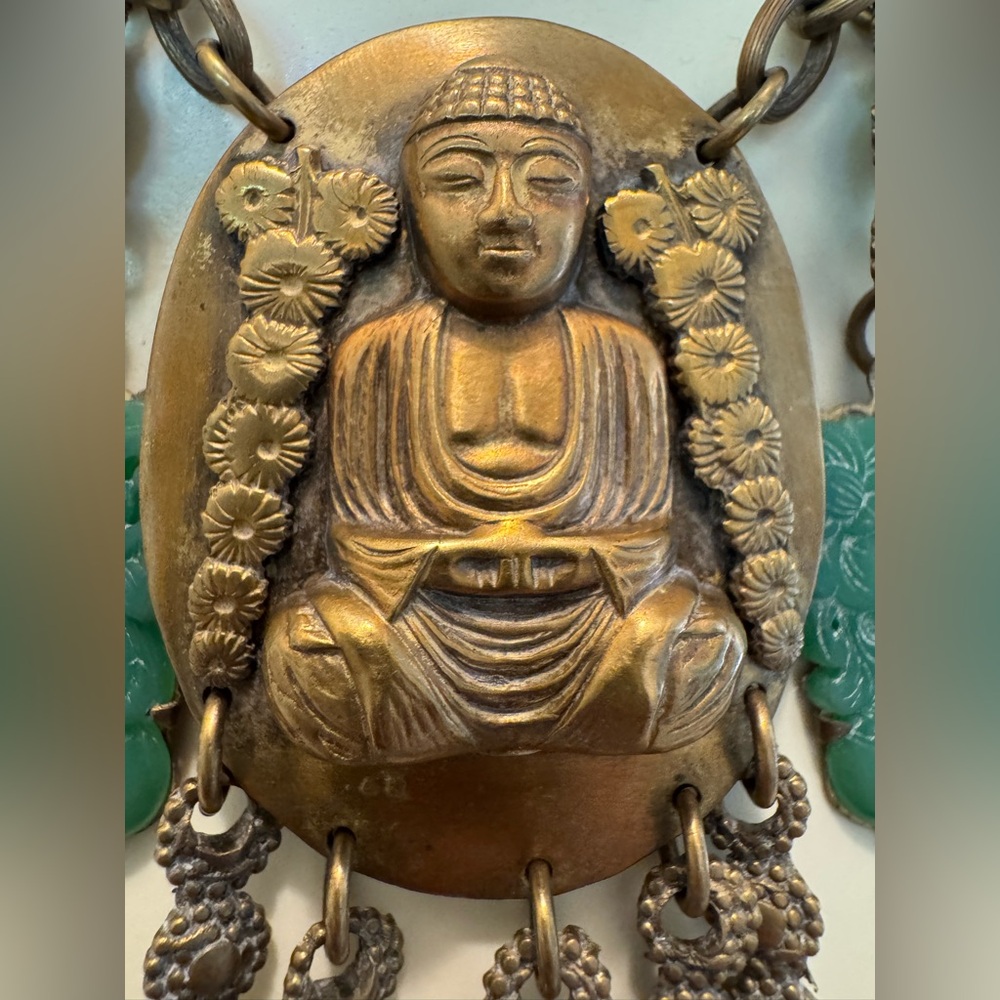 Antique 1930s Art Deco revival asian brass Buddha multi~charm faux jade festoon - Picture 5 of 13